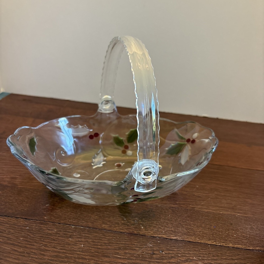 Mikasa‎ Holiday Holly Bloom 8" Glass Basket With Removable  Handle, Germany